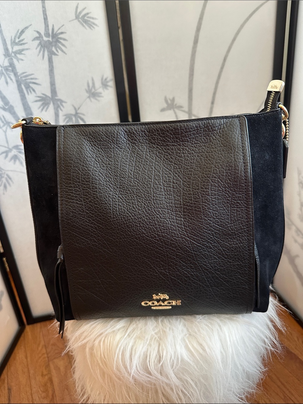 Coach Black Leather & Suede Shoulder Hobo with Gold Hardware, Pocket Zip Front.